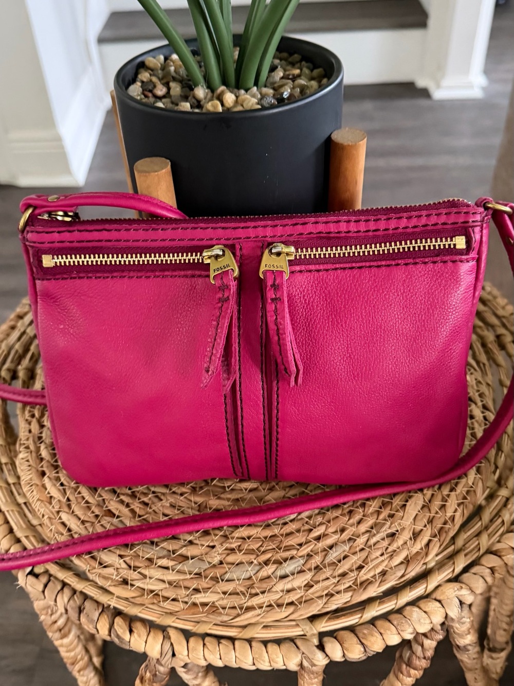 Fossil Hot Pink Leather Crossbody Bag with Gold Zippers